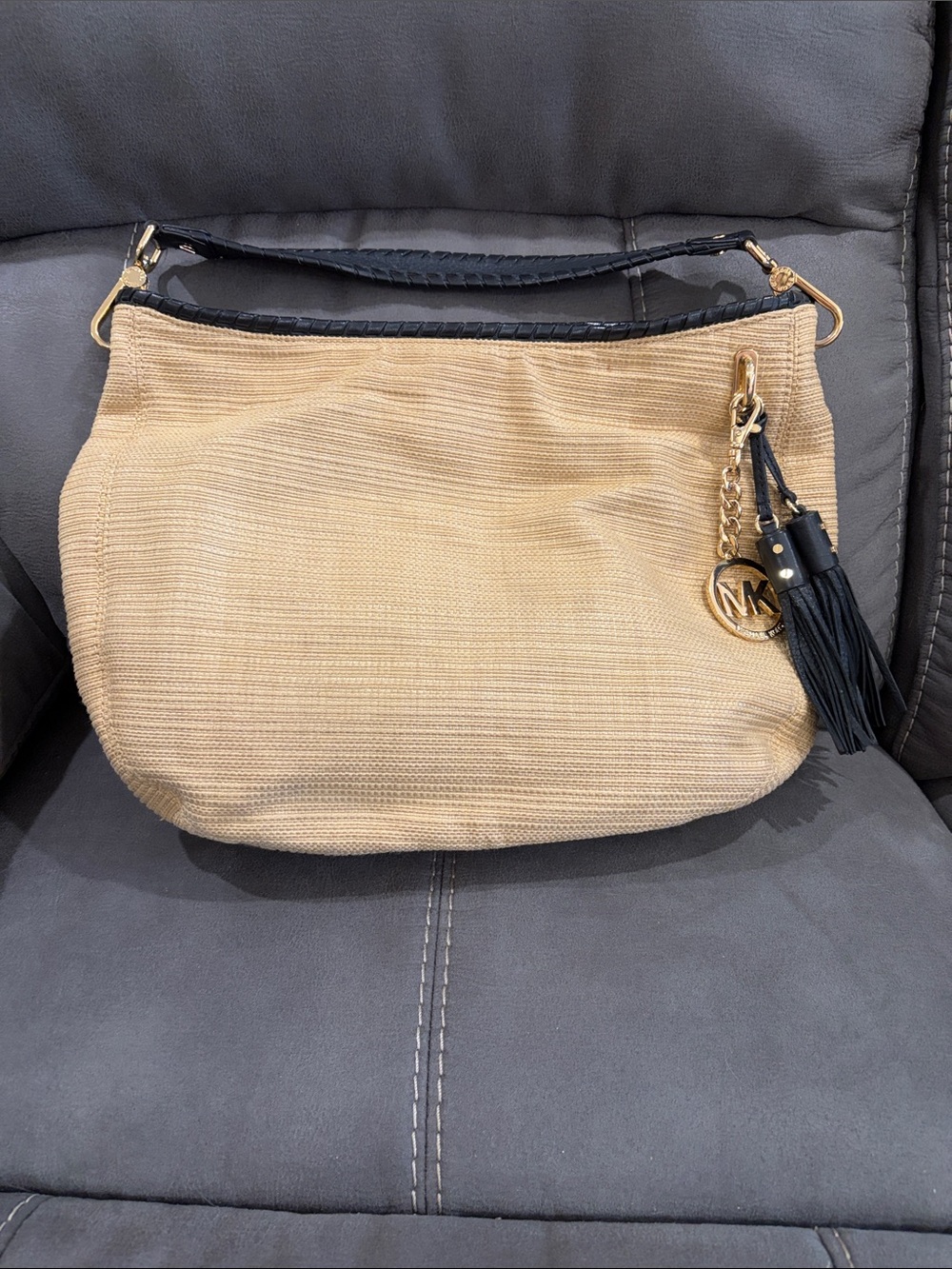 Michael Kors Tan Woven / Straw Shoulder Bag with Black Trim and Tassel